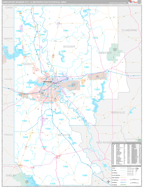 Shreveport-Bossier City, LA Metro Area Wall Map